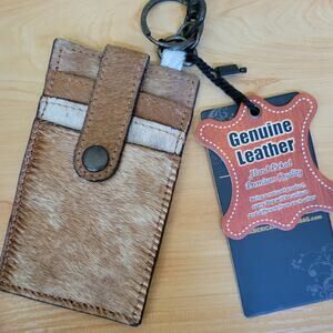 Genuine Cowhide Leather Keychain Cardholder Wallet with Snap Closure Brown White